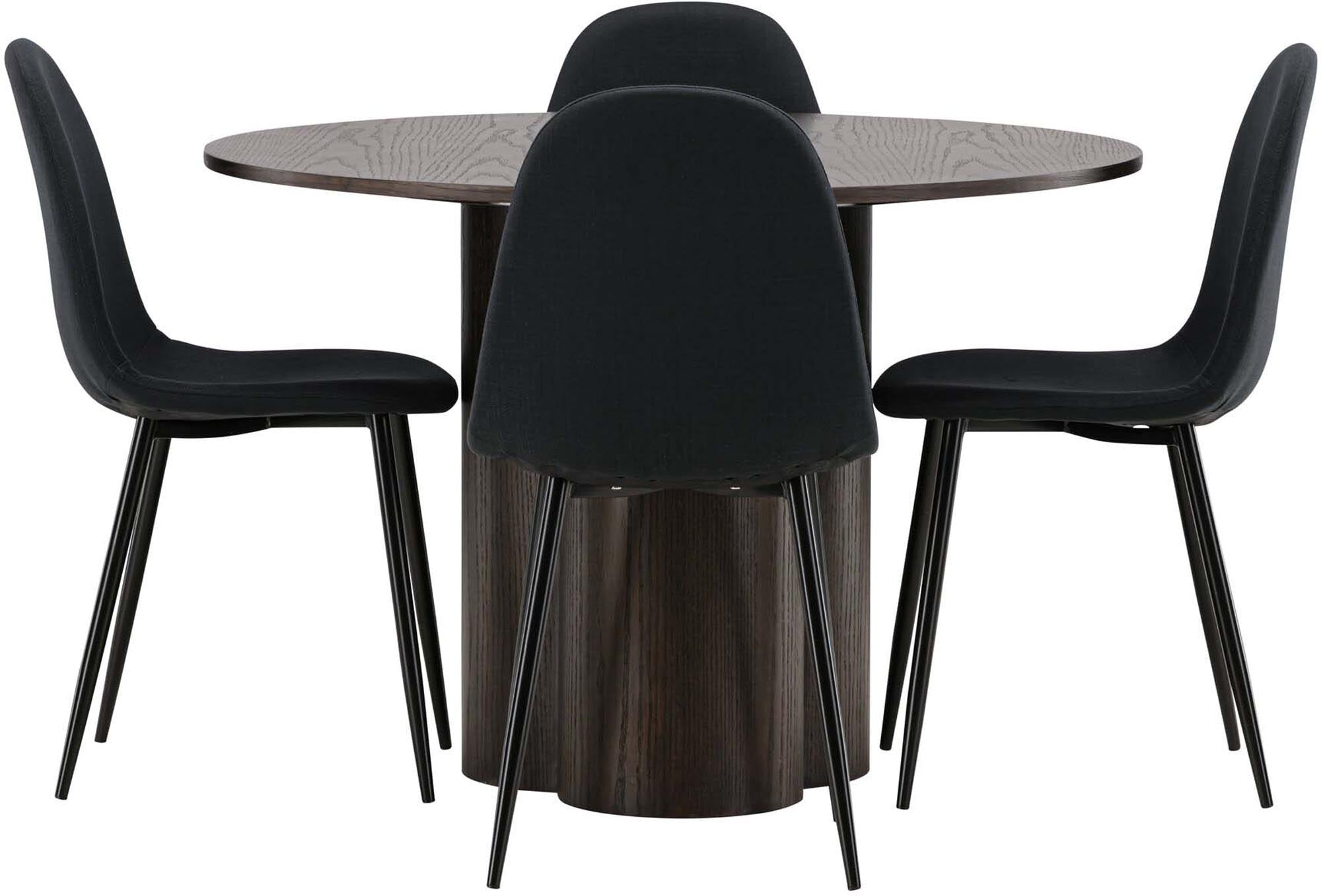 Elegantes Olivia Esszimmer Set mit 110 cm runder Tischplatte und 4 komfortablen Polar-Stühlen. Ideal für gesellige Abende und stilvolle Einrichtung.