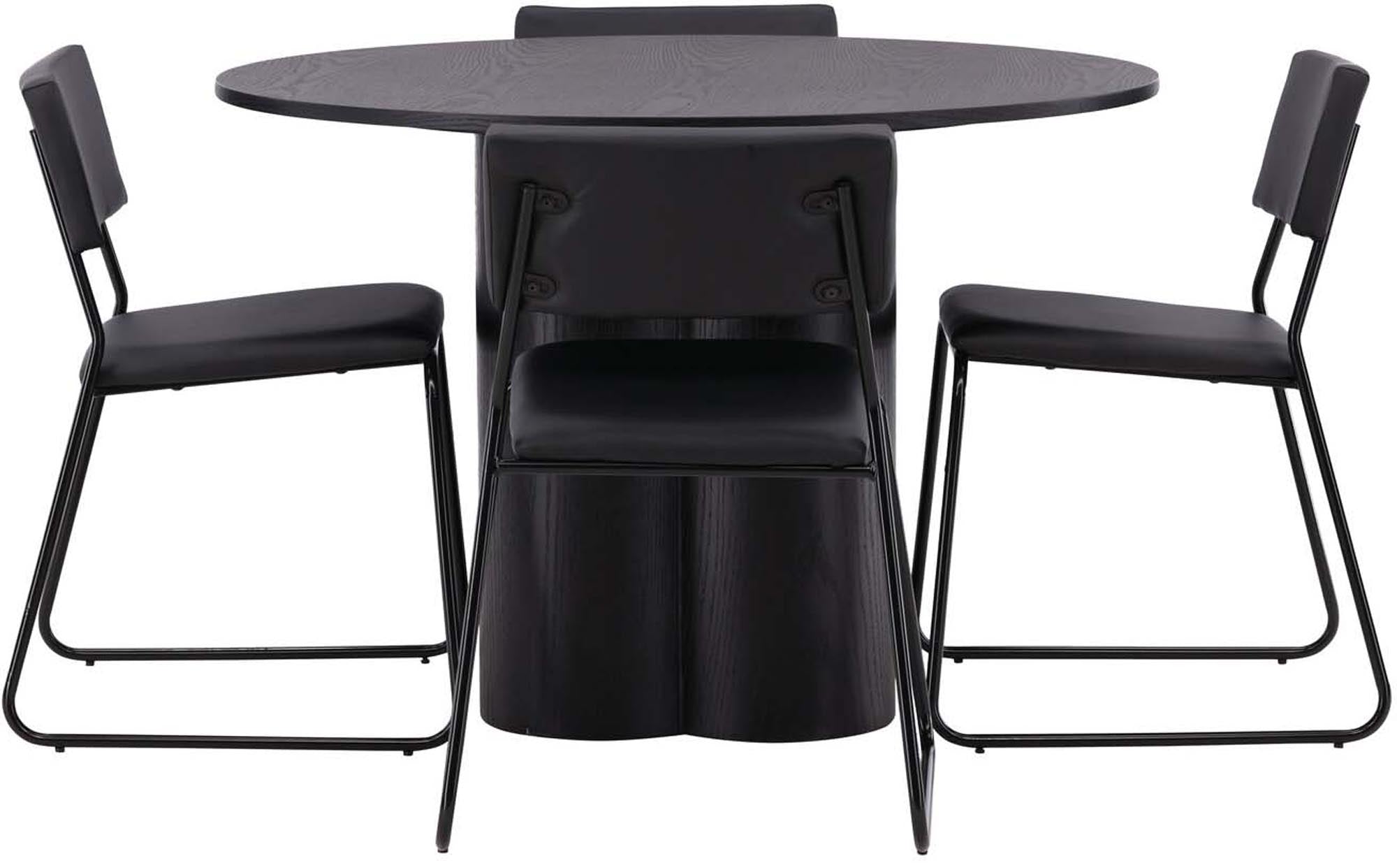 Entdecken Sie das Olivia Esszimmer Set + Kenth: Eleganter runder Tisch aus schwarzem MDF und stilvolle Esszimmerstühle aus PU-Leder. Perfekt für jedes Zuhause!