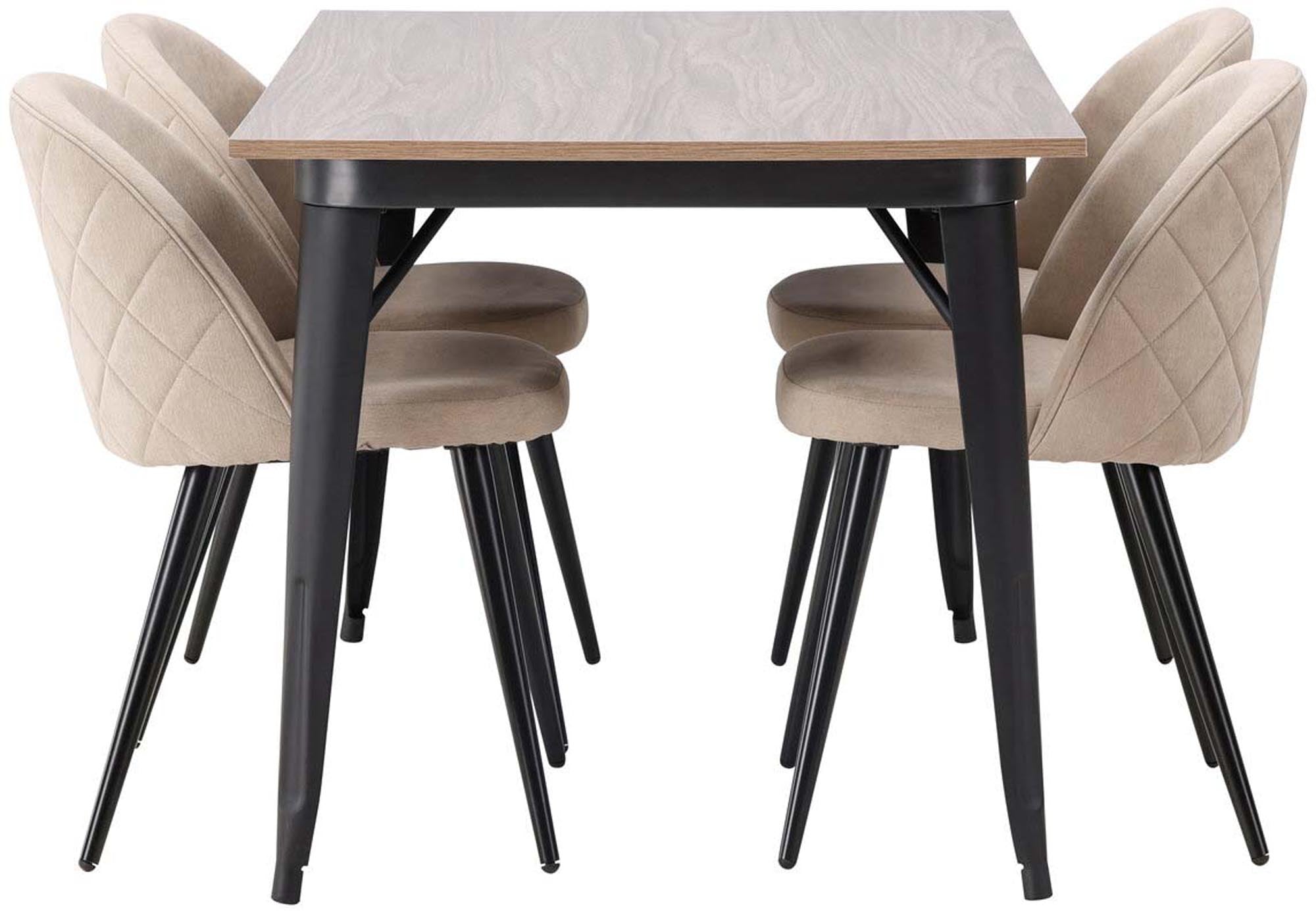 Entdecken Sie das Tempe Esszimmerset von Venture Home: eleganter Esstisch mit stabilen Metallbeinen und luxuriösen Velvet-Stühlen für stilvolles Ambiente.