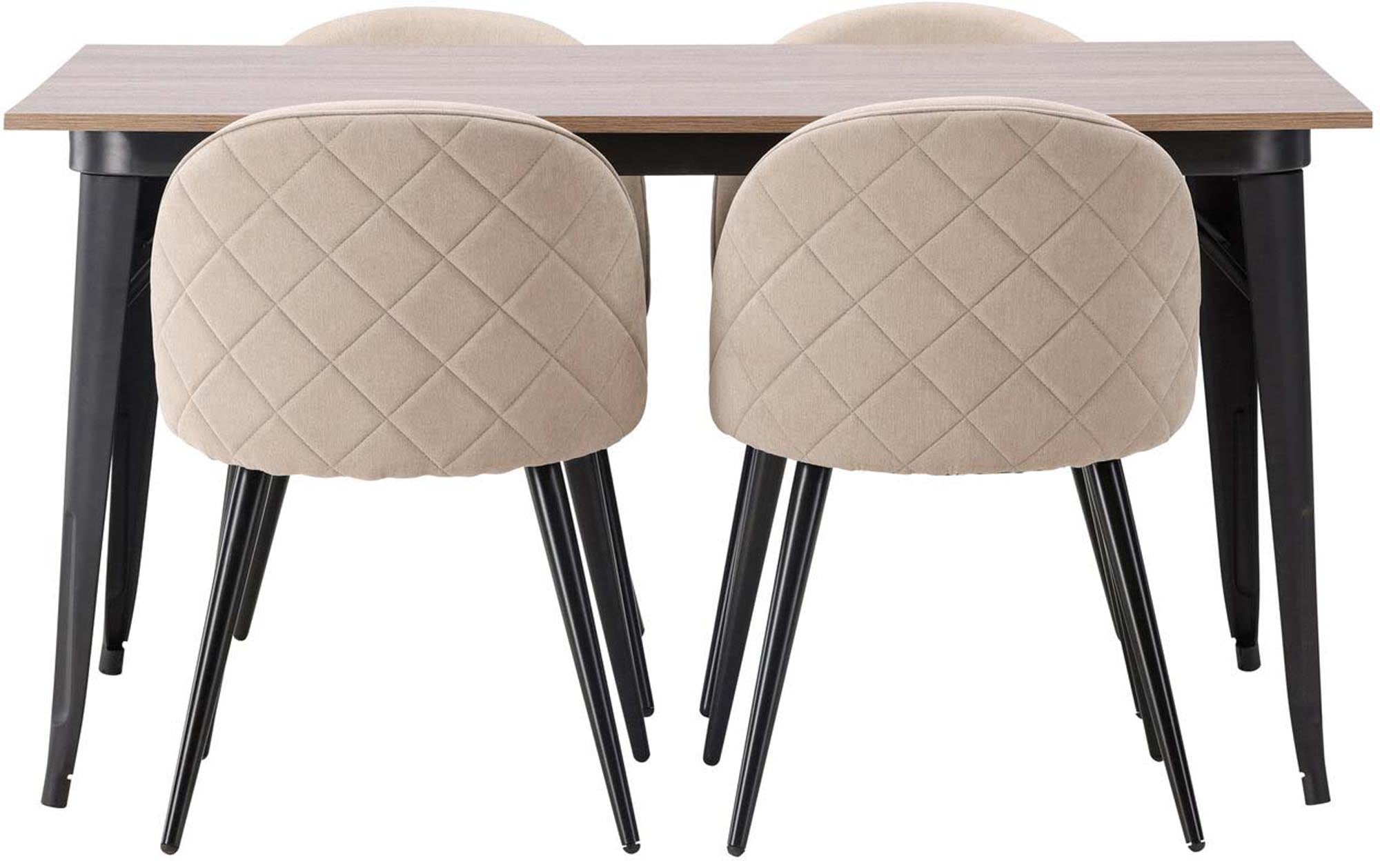 Elegantes Tempe Esszimmerset mit quadratischem Tisch und 4 bequemen Samtstühlen, ideal für gesellige Abende und stilvolle Esszimmer.