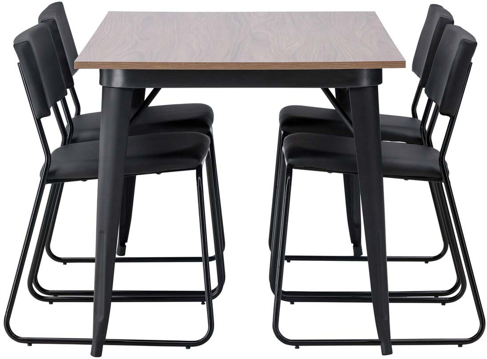 Elegantes Esszimmerset mit walnussfarbenem Tisch und 4 Kenth-Stühlen in schwarzem PU-Leder. Skandinavisches Design für stilvolle Runden.