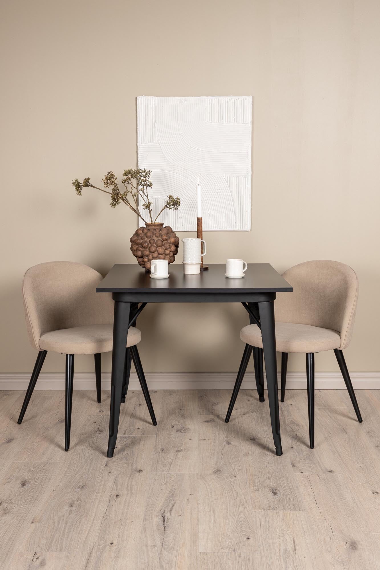 Modernes Tempe Esszimmerset: 80cm Tisch mit 2 edlen Samtstühlen.