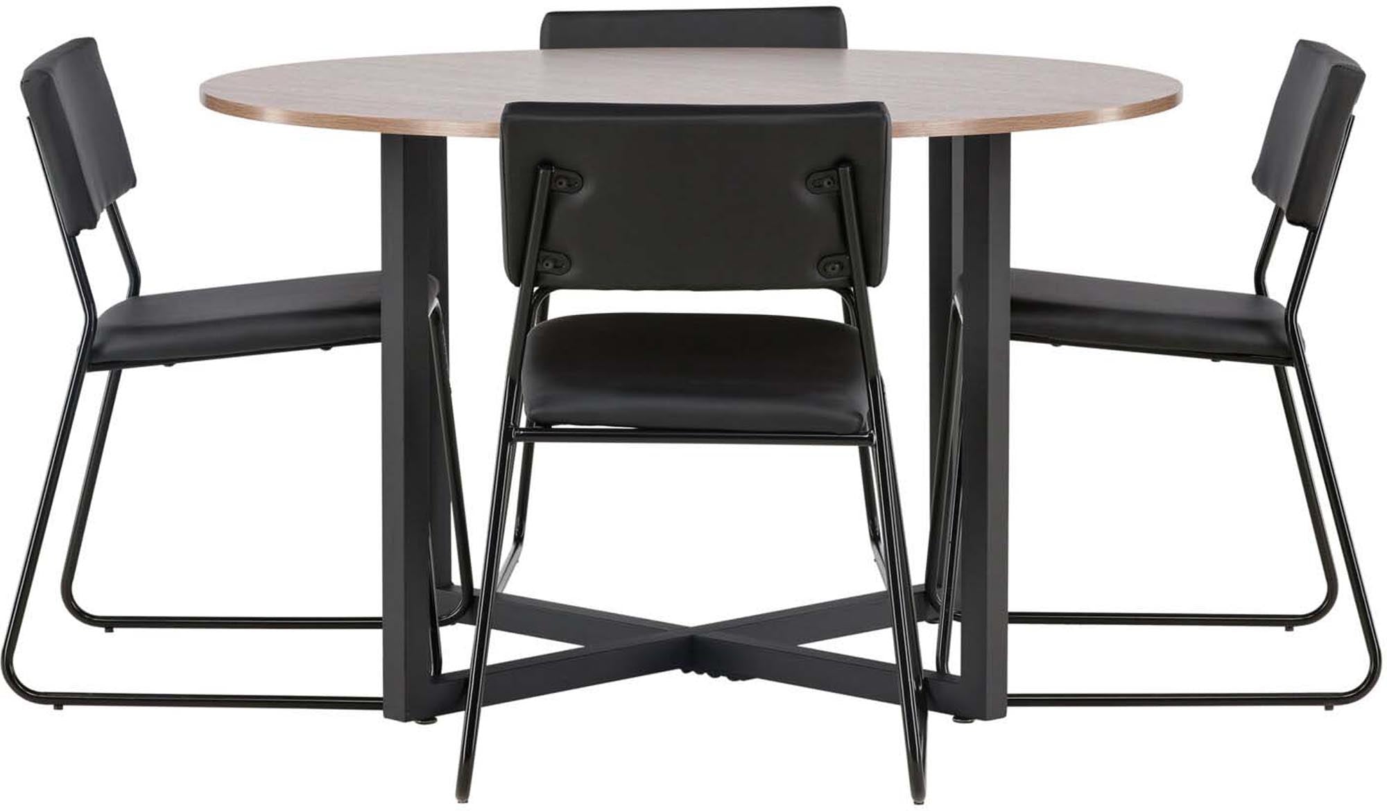Stilvolles Durango Esszimmerset: Walnuss-Tisch, schwarze Stahlbeine, Kenth-Stühle mit PU-Leder, ideal für moderne Räume.
