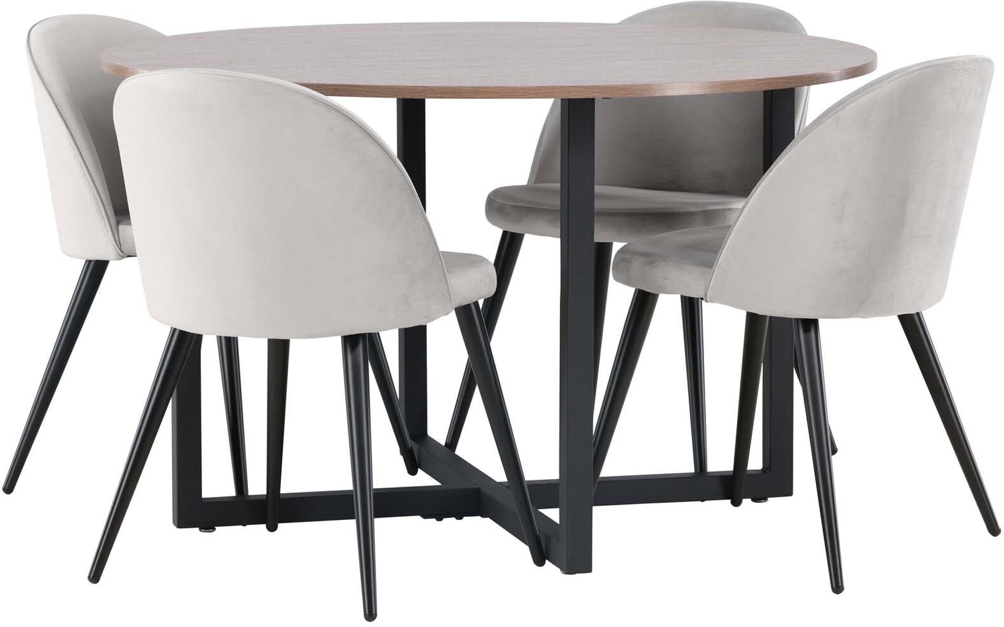 Stilvolles Durango Esszimmerset mit runder Tischplatte und bequemen Velvet-Stühlen, perfekt für gesellige Abende und modernes Wohnen.