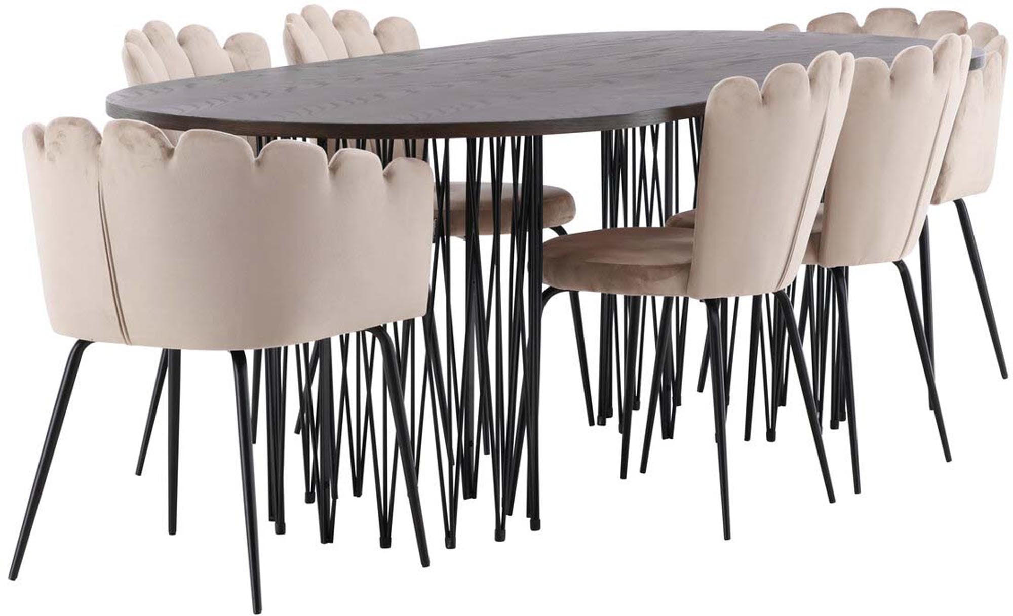 Elegantes Stone Esszimmerset mit 220 cm Tisch und stilvollen Limhamn-Stühlen. Ideal für einladende Essbereiche und unvergessliche Momente.