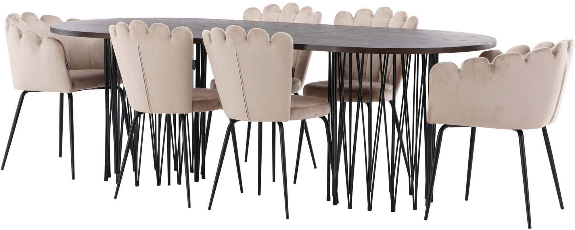 Elegantes Stone Esszimmerset mit 220 cm Tisch und 2 Limhamn-Stühlen. Skandinavisches Design, luxuriöse Materialien für stilvolle Essmomente.