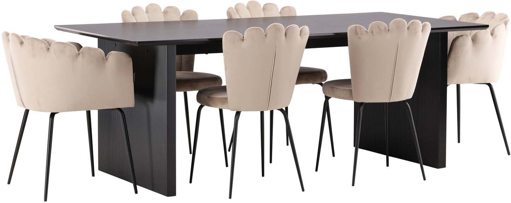 Modernes Vail Esszimmerset: 200cm Tisch aus MDF mit 4 stilvollen Samtstühlen in Beige. Ideal für gemütliche Esszimmermomente.