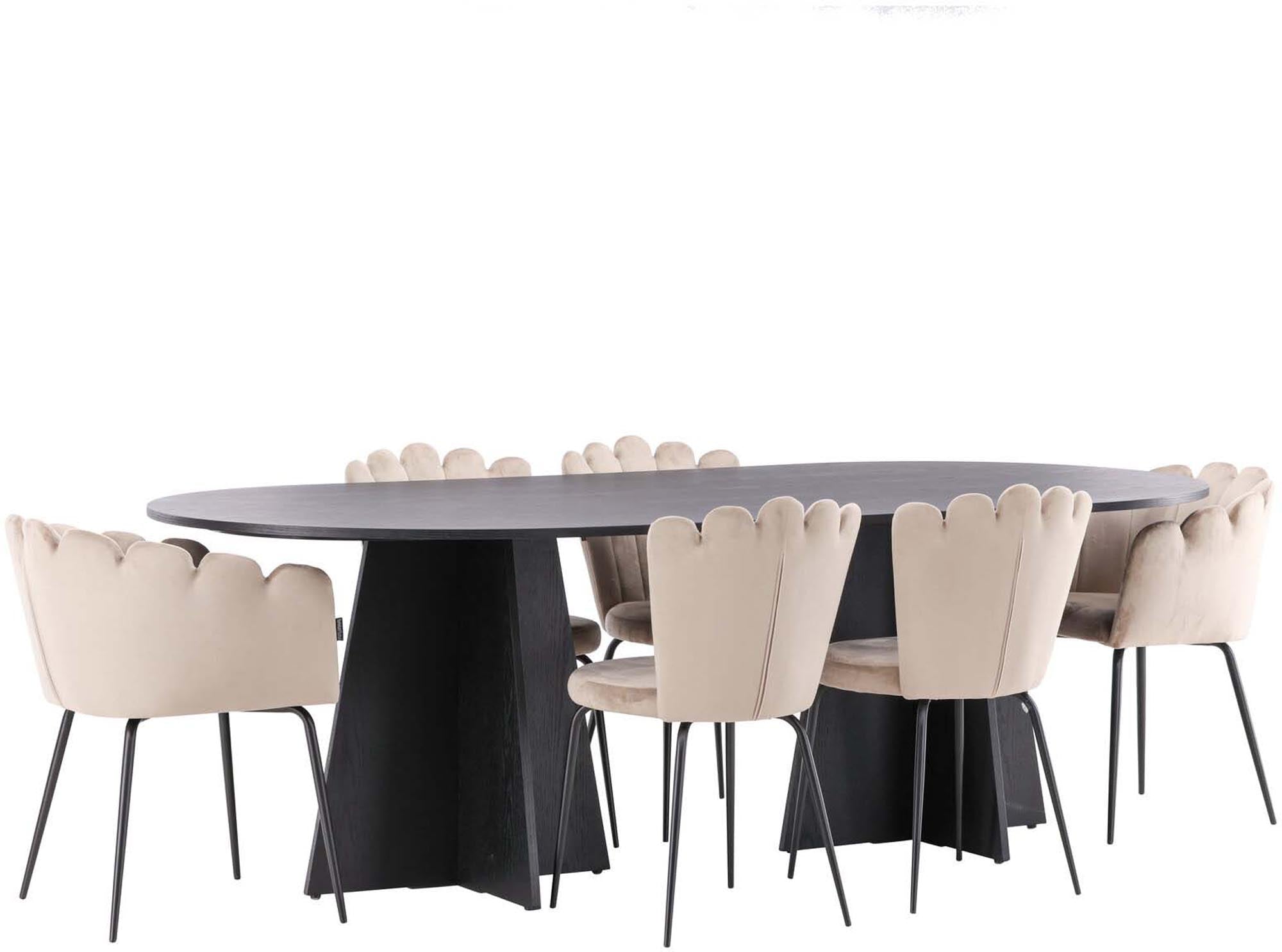 Elegantes Bootcut Esszimmerset mit 230 cm Tisch und 4 luxuriösen Limhamn Stühlen aus Samt für ein modernes Esszimmer.