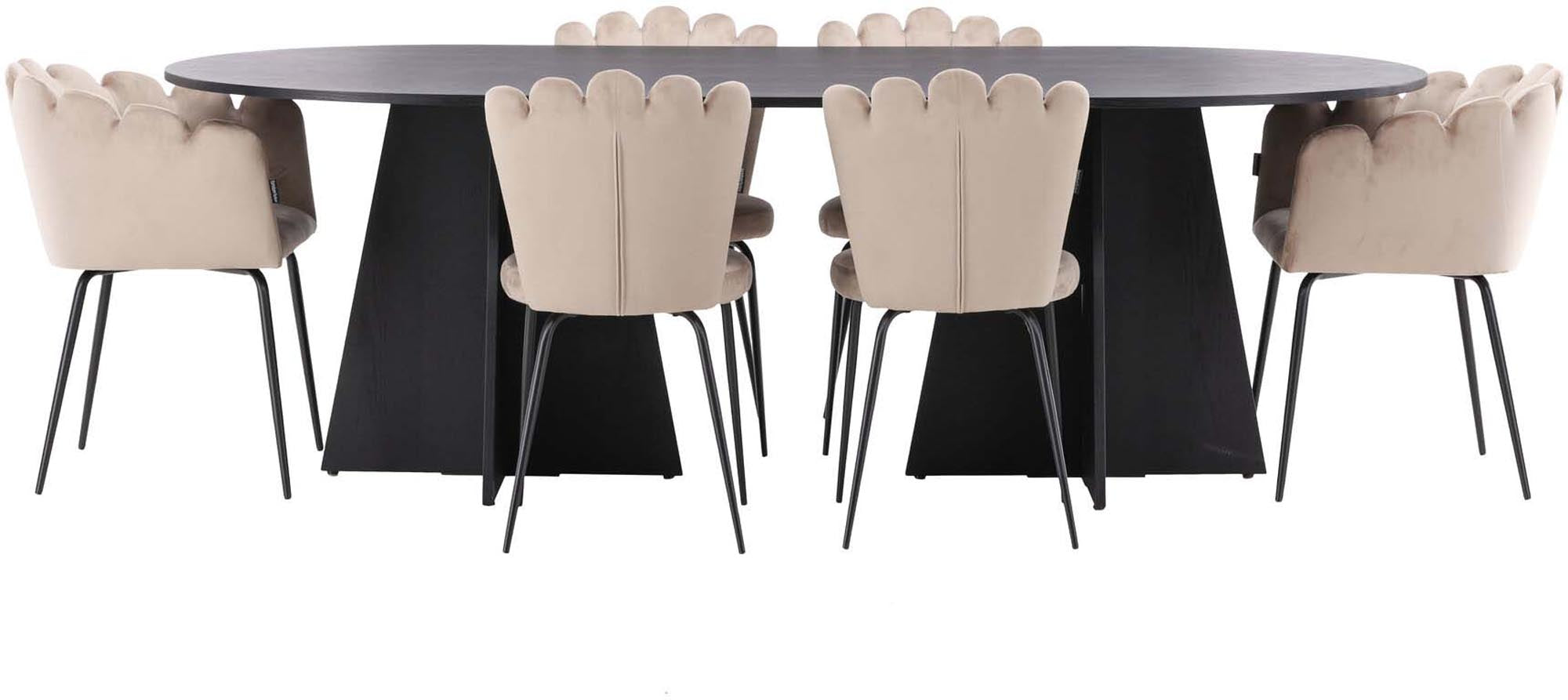 Stilvolles Bootcut Esszimmerset mit ovalem Tisch und 4 bequemen Limhamn Samtstühlen für ein einladendes Ambiente in Ihrem Zuhause.