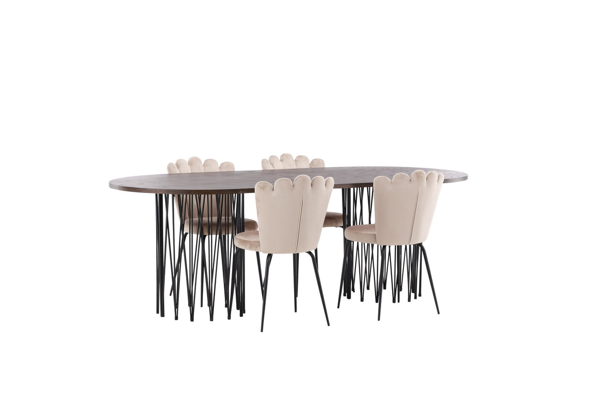 Ovaler Esstisch mit Tischplatte aus MDF mit Mocca-Furnier und schwarzem Metallgestell, umgeben von vier Limhamn-Stühlen mit beigem Samtbezug.