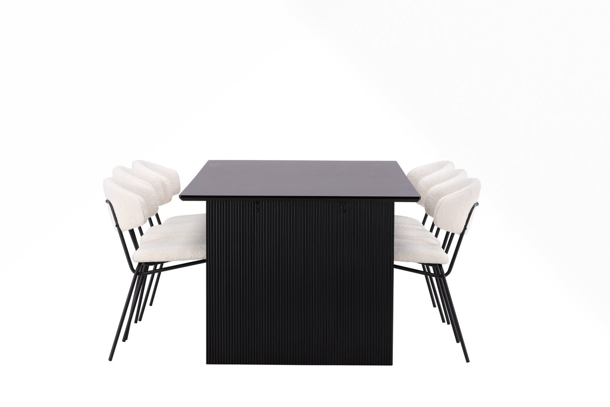 Esszimmerset aus rechteckigem MDF-Tisch in Rauchschwarz mit sechs Limhamn-Stühlen, beiger Samtbezug, muschelförmige Rückenlehne, schwarze Metallbeine.