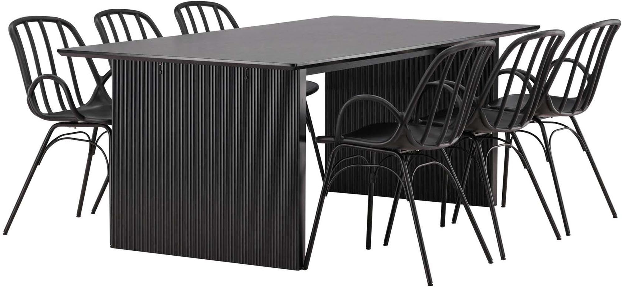 Elegantes Vail Esszimmerset mit Dyrön Stühlen: Stilvolles, schwarzes Design, ideal für gesellige Abende und Familienessen, Platz für 6 Personen.