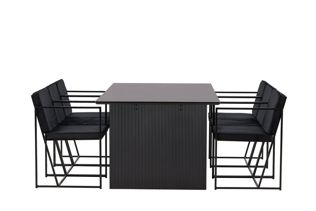 Esszimmerset aus rechteckigem MDF-Tisch in Rauchschwarz mit sechs Limhamn-Stühlen, beiger Samtbezug, muschelförmige Rückenlehne, schwarze Metallbeine.