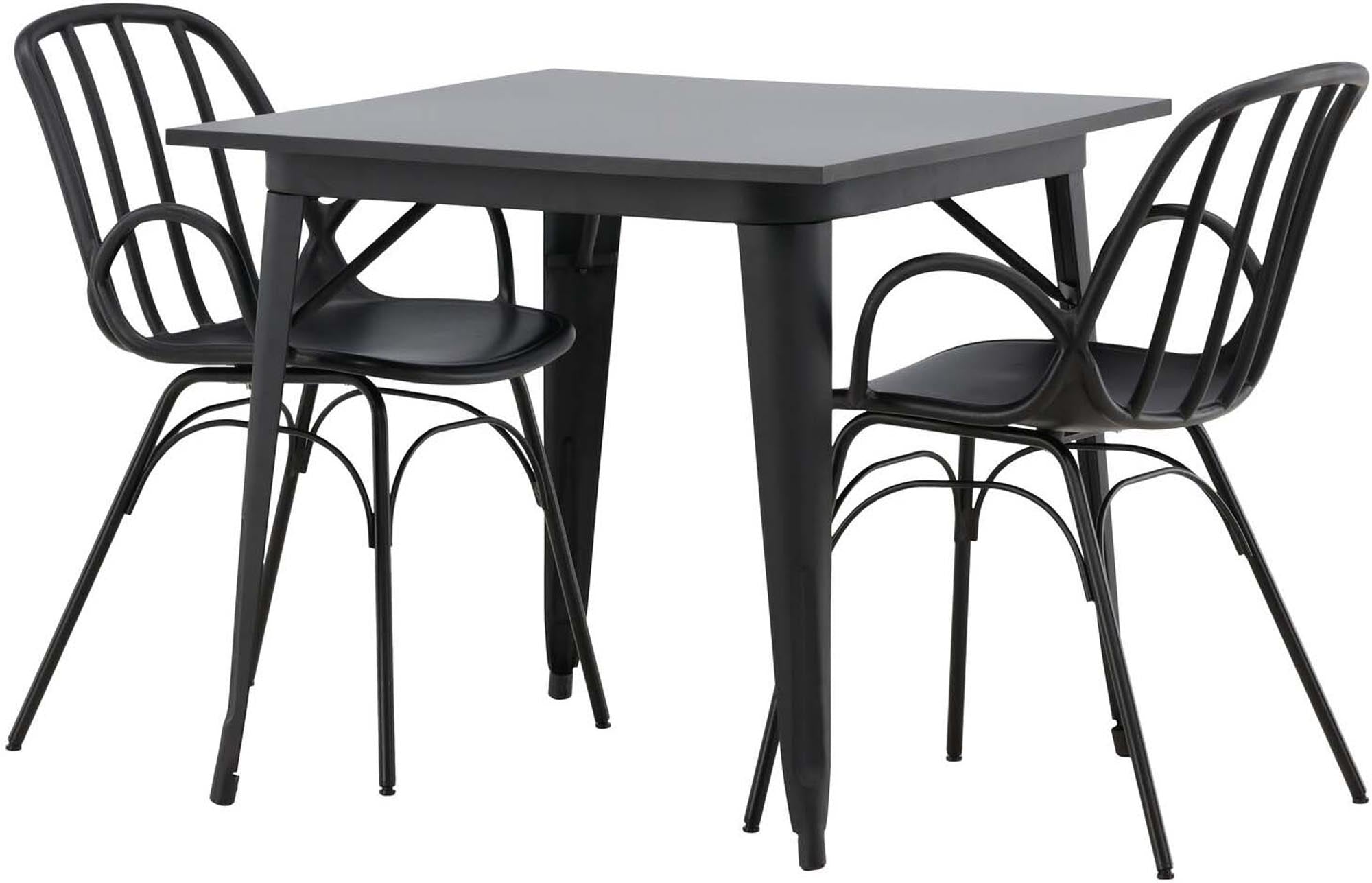 Stylisches Esszimmerset Tempe mit robustem Tisch und 2 eleganten Dyrön Stühlen. Perfekt für kleine Küchen und einladende Essbereiche.