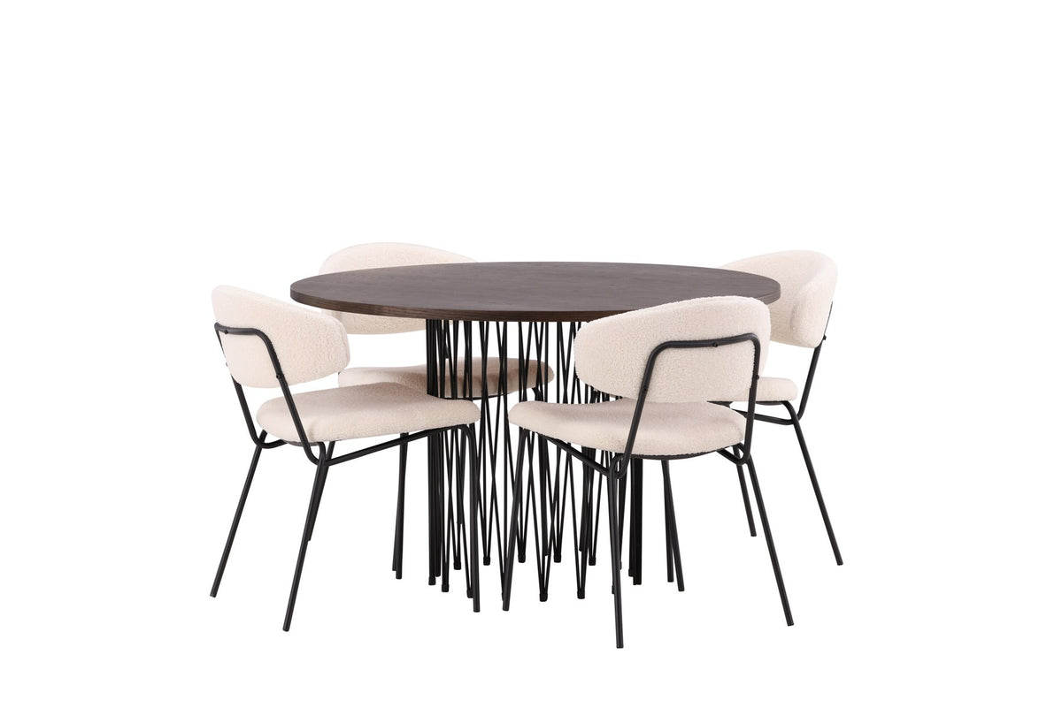 Rundes Esszimmerset mit Steinlook-Tisch aus MDF und Mocca-Furnier, schwarzem Metallgestell und vier Limhamn-Stühlen mit beigem Samtbezug.