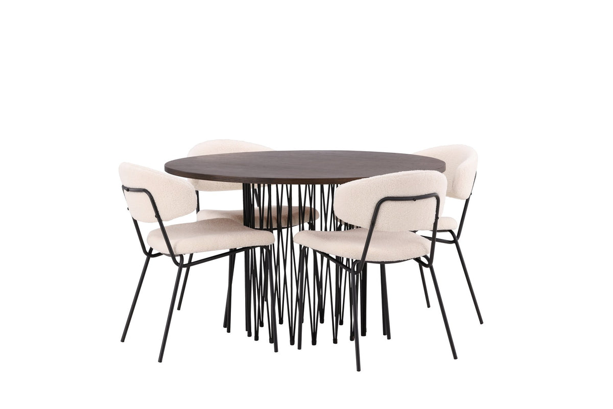 Rundes Esszimmerset mit Steinlook-Tisch aus MDF und Mocca-Furnier, schwarzem Metallgestell und vier Limhamn-Stühlen mit beigem Samtbezug.
