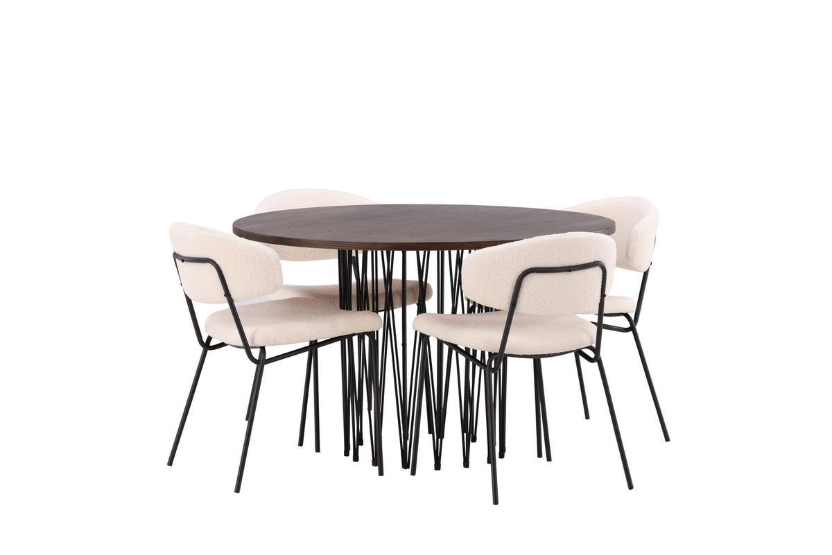 Rundes Esszimmerset mit Steinlook-Tisch aus MDF und Mocca-Furnier, schwarzem Metallgestell und vier Limhamn-Stühlen mit beigem Samtbezug.