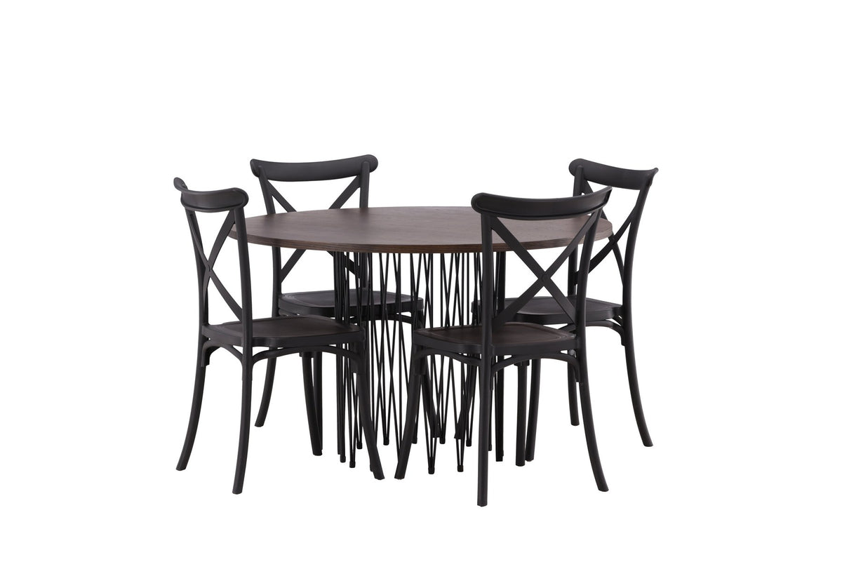 Rundes Esszimmerset mit Steinlook-Tisch aus MDF und Mocca-Furnier, schwarzem Metallgestell und vier Limhamn-Stühlen mit beigem Samtbezug.