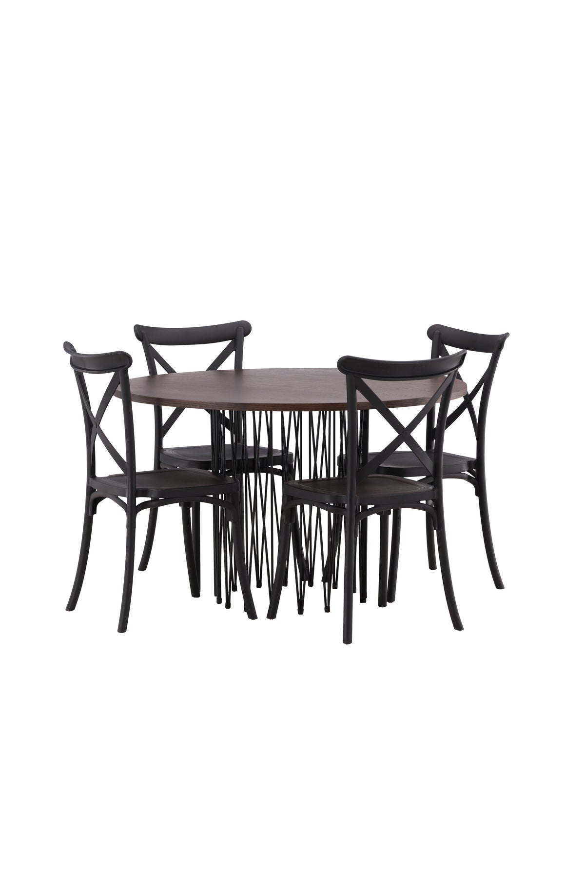 Rundes Esszimmerset mit Steinlook-Tisch aus MDF und Mocca-Furnier, schwarzem Metallgestell und vier Limhamn-Stühlen mit beigem Samtbezug.