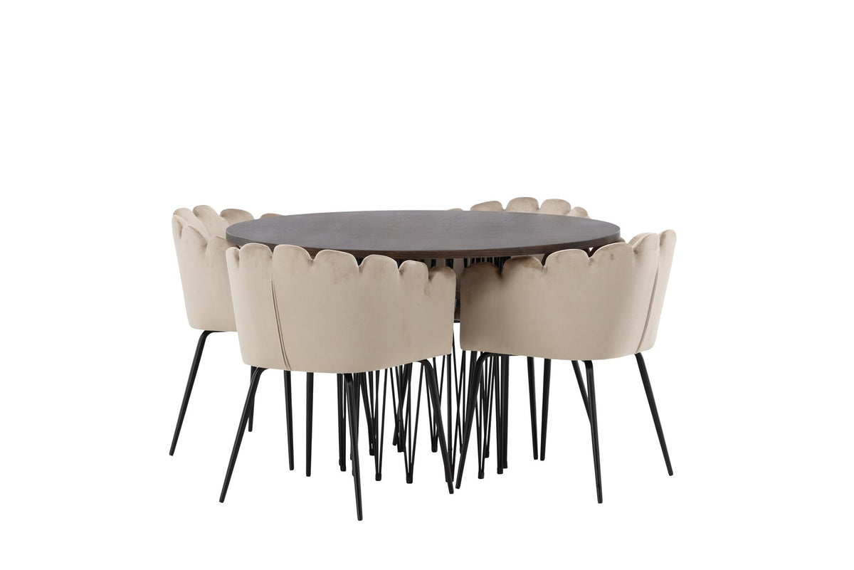 Rundes Esszimmerset mit Steinlook-Tisch aus MDF und Mocca-Furnier, schwarzem Metallgestell und vier Limhamn-Stühlen mit beigem Samtbezug.