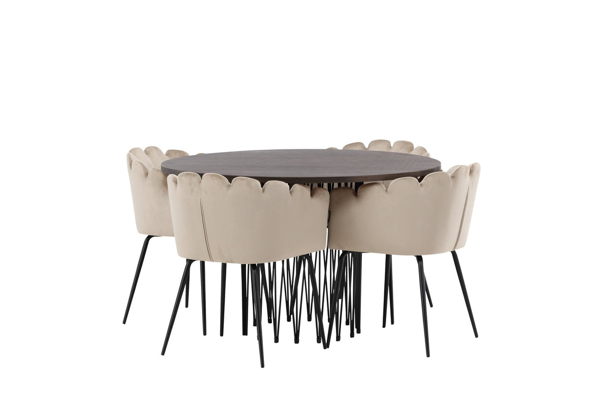 Rundes Esszimmerset mit Steinlook-Tisch aus MDF und Mocca-Furnier, schwarzem Metallgestell und vier Limhamn-Stühlen mit beigem Samtbezug.