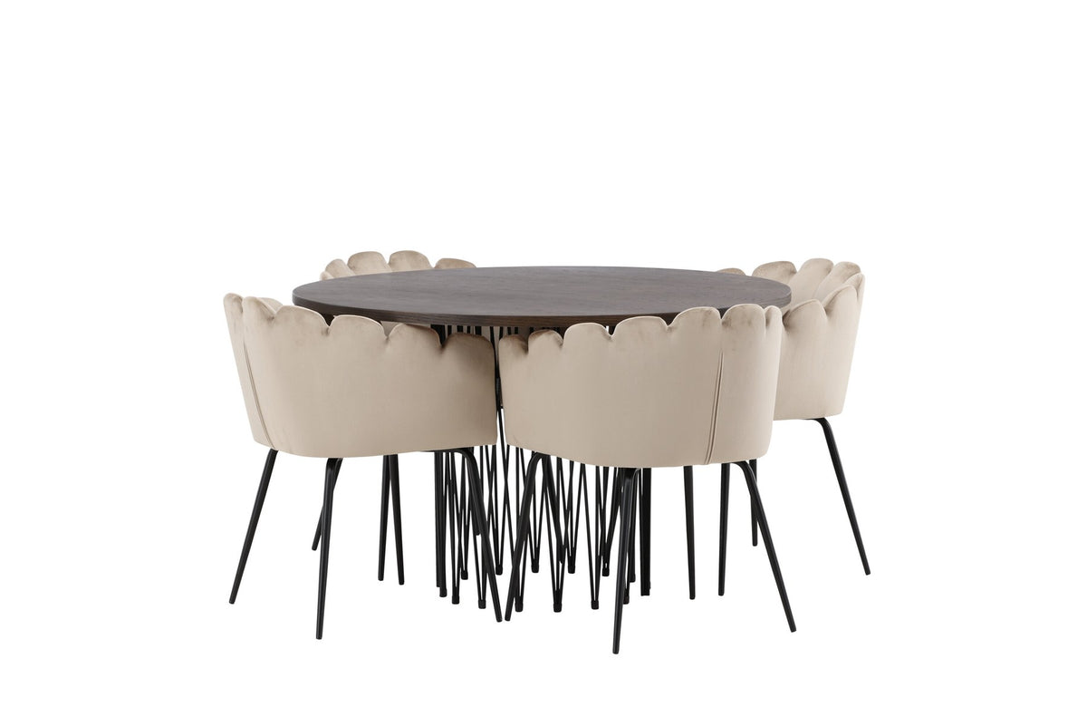 Rundes Esszimmerset mit Steinlook-Tisch aus MDF und Mocca-Furnier, schwarzem Metallgestell und vier Limhamn-Stühlen mit beigem Samtbezug.