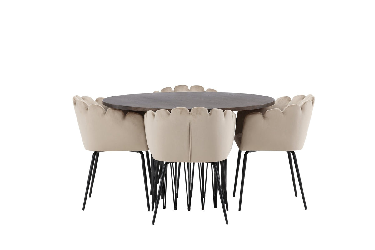 Rundes Esszimmerset mit Steinlook-Tisch aus MDF und Mocca-Furnier, schwarzem Metallgestell und vier Limhamn-Stühlen mit beigem Samtbezug.