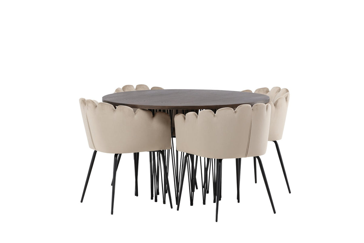 Rundes Esszimmerset mit Steinlook-Tisch aus MDF und Mocca-Furnier, schwarzem Metallgestell und vier Limhamn-Stühlen mit beigem Samtbezug.