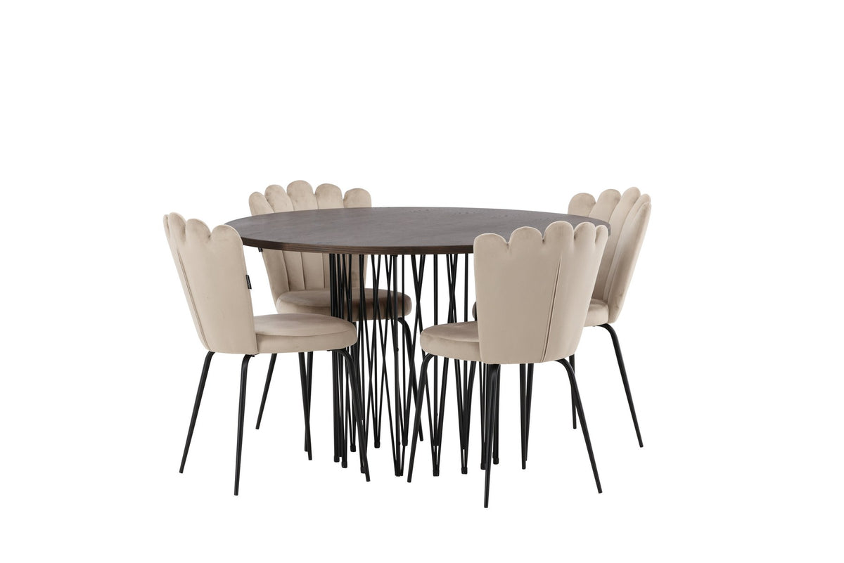Rundes Esszimmerset mit Steinlook-Tisch aus MDF und Mocca-Furnier, schwarzem Metallgestell und vier Limhamn-Stühlen mit beigem Samtbezug.