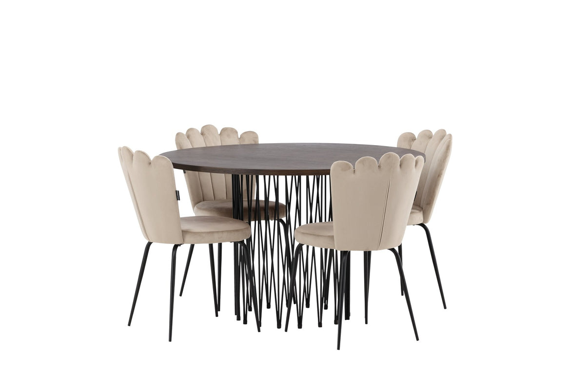 Rundes Esszimmerset mit Steinlook-Tisch aus MDF und Mocca-Furnier, schwarzem Metallgestell und vier Limhamn-Stühlen mit beigem Samtbezug.