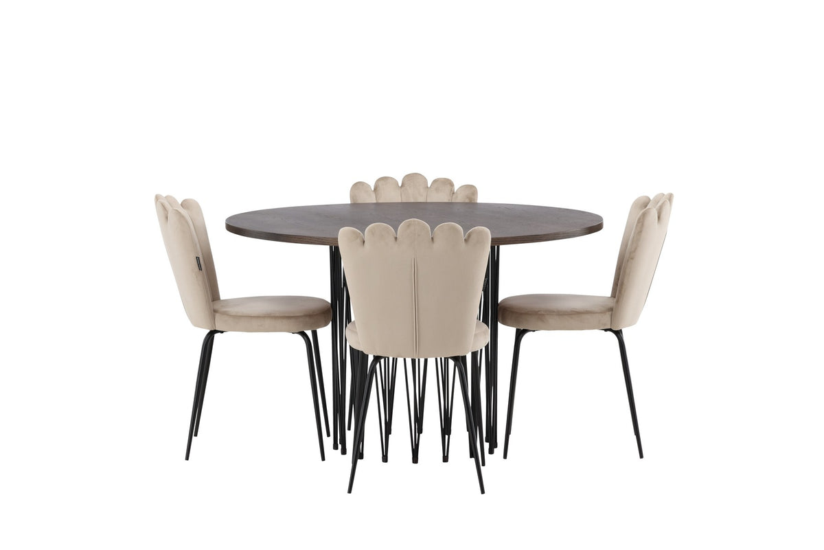 Rundes Esszimmerset mit Steinlook-Tisch aus MDF und Mocca-Furnier, schwarzem Metallgestell und vier Limhamn-Stühlen mit beigem Samtbezug.