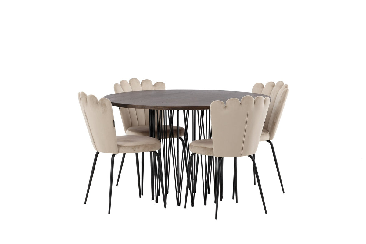 Rundes Esszimmerset mit Steinlook-Tisch aus MDF und Mocca-Furnier, schwarzem Metallgestell und vier Limhamn-Stühlen mit beigem Samtbezug.