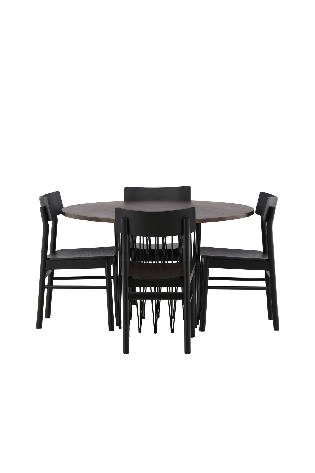 Rundes Esszimmerset mit Steinlook-Tisch aus MDF und Mocca-Furnier, schwarzem Metallgestell und vier Limhamn-Stühlen mit beigem Samtbezug.