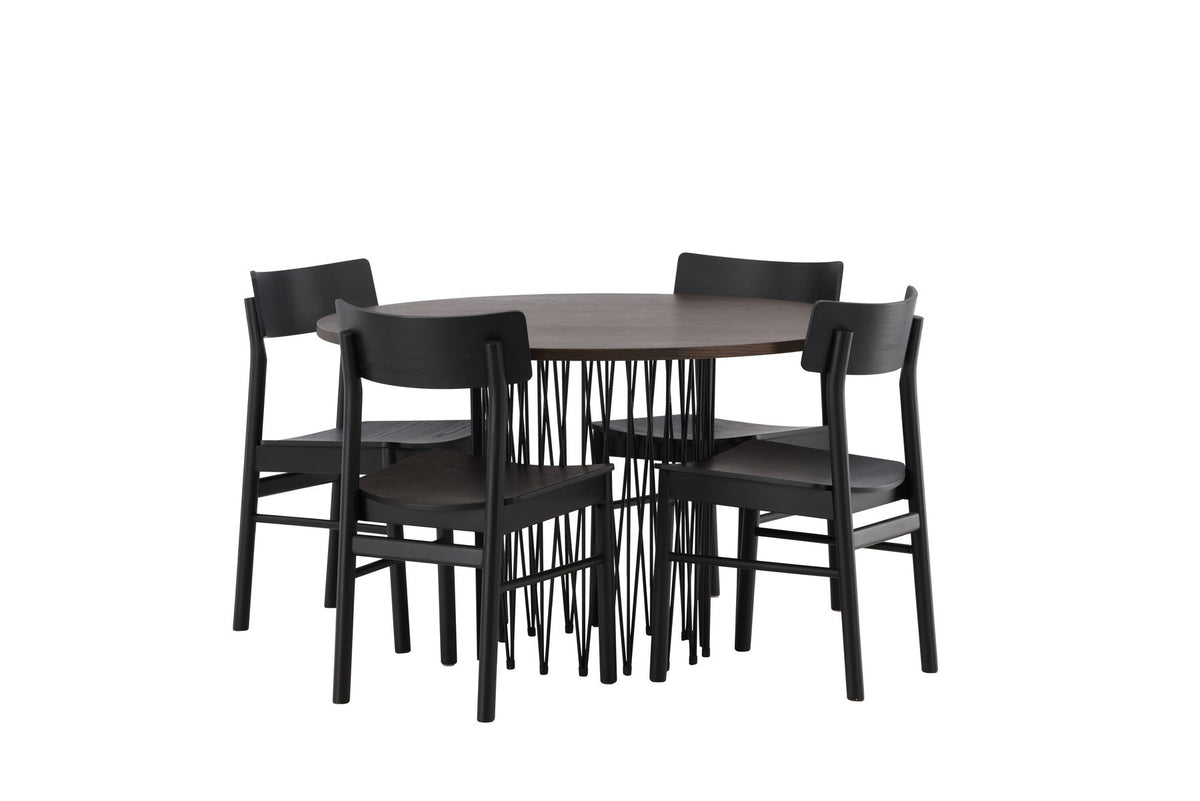 Rundes Esszimmerset mit Steinlook-Tisch aus MDF und Mocca-Furnier, schwarzem Metallgestell und vier Limhamn-Stühlen mit beigem Samtbezug.