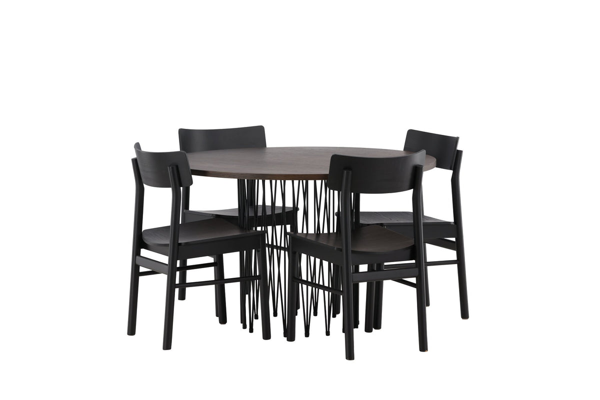 Rundes Esszimmerset mit Steinlook-Tisch aus MDF und Mocca-Furnier, schwarzem Metallgestell und vier Limhamn-Stühlen mit beigem Samtbezug.
