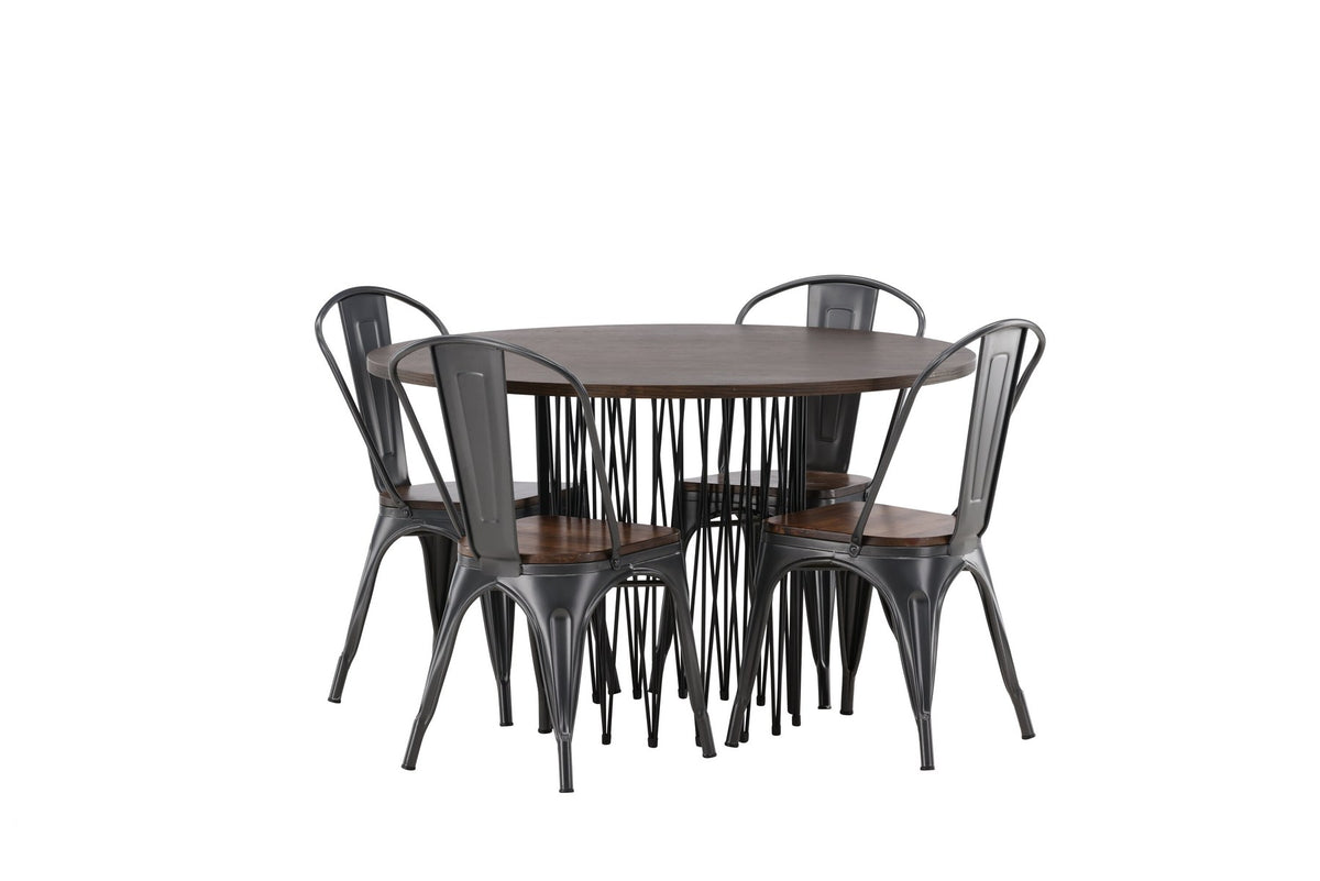 Rundes Esszimmerset mit Steinlook-Tisch aus MDF und Mocca-Furnier, schwarzem Metallgestell und vier Limhamn-Stühlen mit beigem Samtbezug.