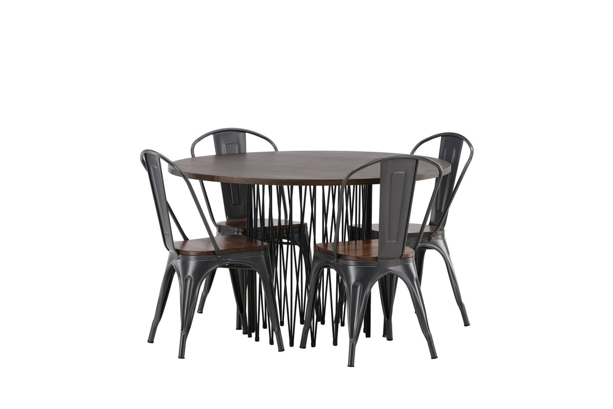 Rundes Esszimmerset mit Steinlook-Tisch aus MDF und Mocca-Furnier, schwarzem Metallgestell und vier Limhamn-Stühlen mit beigem Samtbezug.