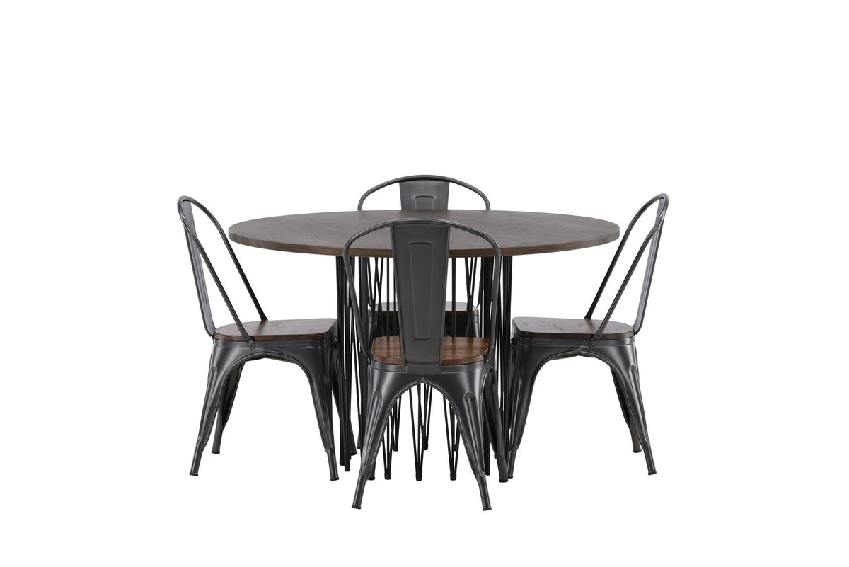Rundes Esszimmerset mit Steinlook-Tisch aus MDF und Mocca-Furnier, schwarzem Metallgestell und vier Limhamn-Stühlen mit beigem Samtbezug.