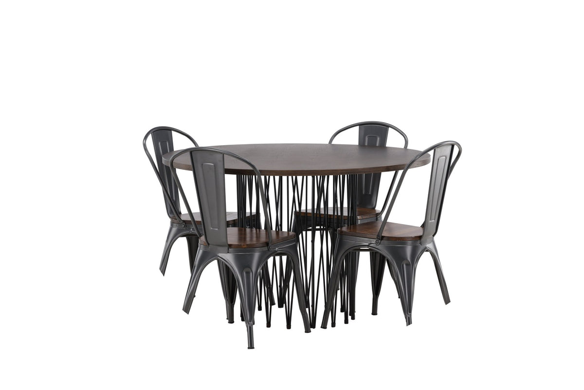 Rundes Esszimmerset mit Steinlook-Tisch aus MDF und Mocca-Furnier, schwarzem Metallgestell und vier Limhamn-Stühlen mit beigem Samtbezug.