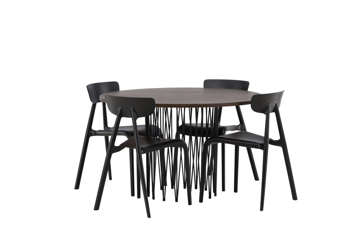 Rundes Esszimmerset mit Steinlook-Tisch aus MDF und Mocca-Furnier, schwarzem Metallgestell und vier Limhamn-Stühlen mit beigem Samtbezug.