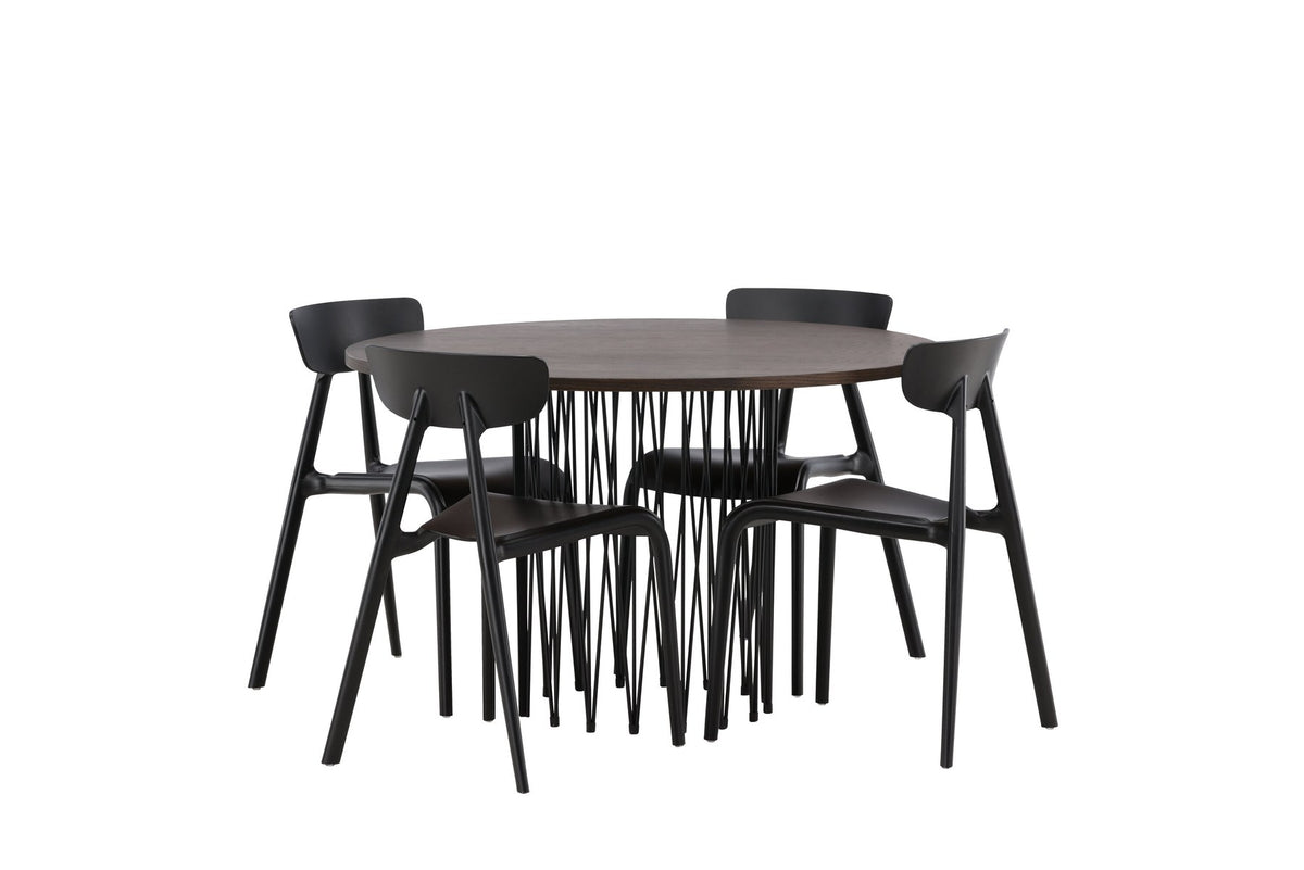 Rundes Esszimmerset mit Steinlook-Tisch aus MDF und Mocca-Furnier, schwarzem Metallgestell und vier Limhamn-Stühlen mit beigem Samtbezug.