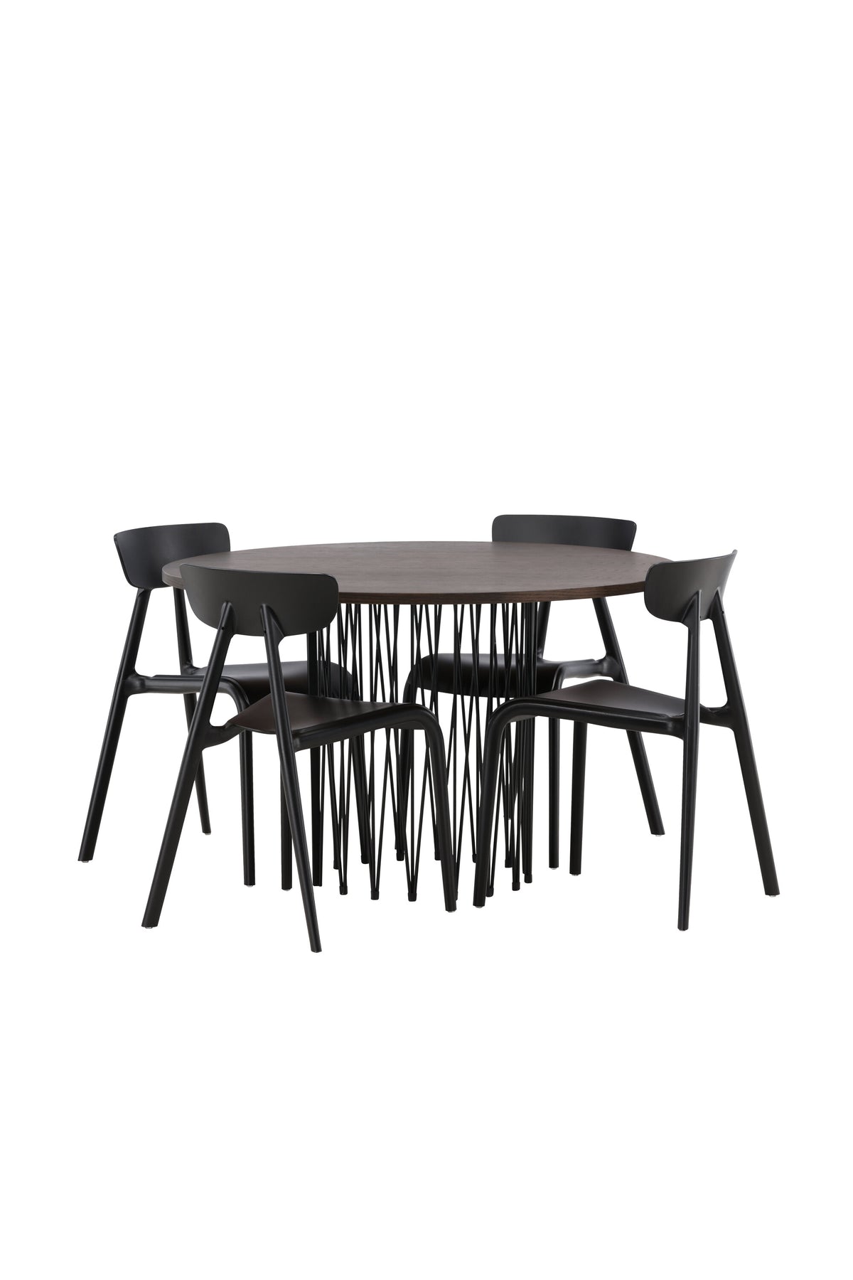 Rundes Esszimmerset mit Steinlook-Tisch aus MDF und Mocca-Furnier, schwarzem Metallgestell und vier Limhamn-Stühlen mit beigem Samtbezug.