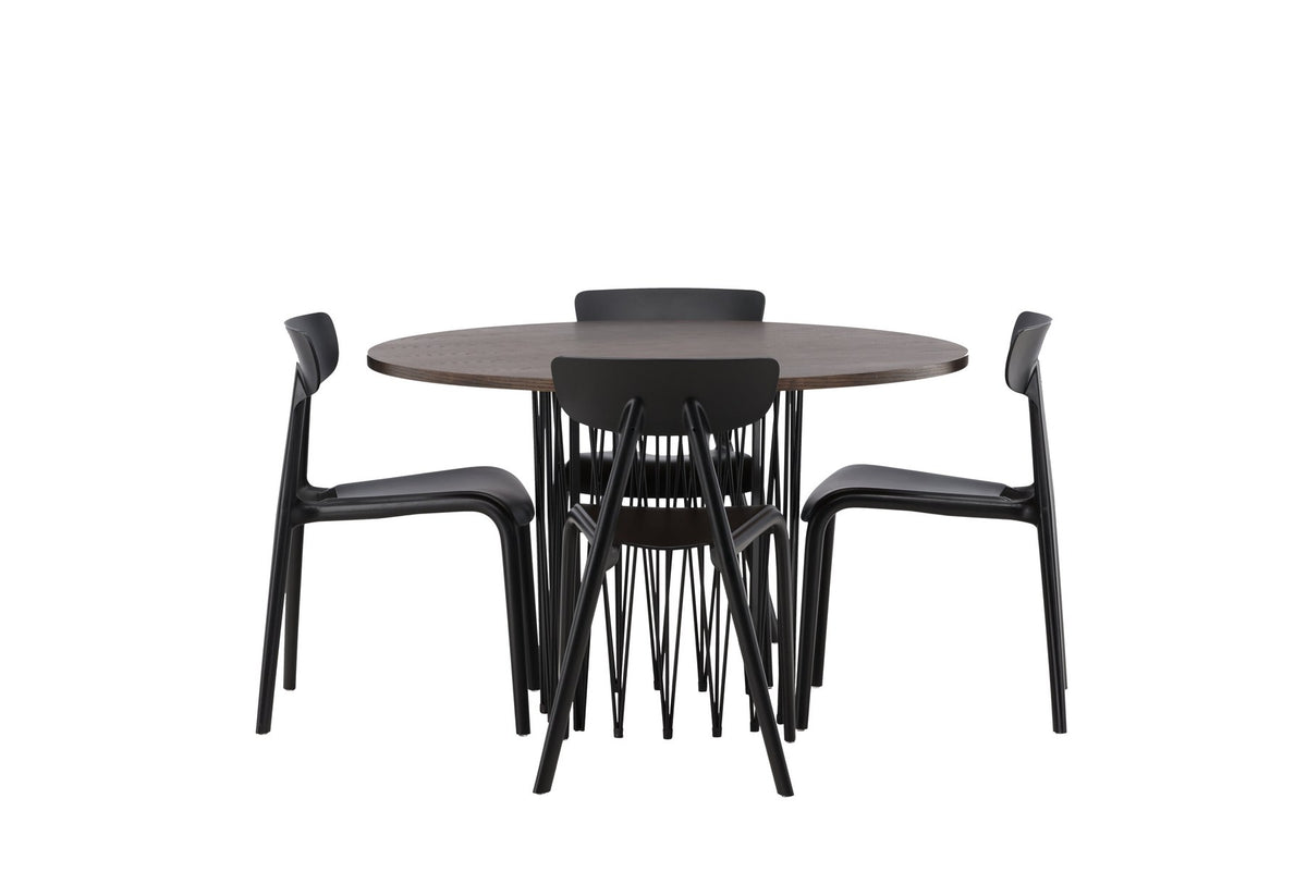 Rundes Esszimmerset mit Steinlook-Tisch aus MDF und Mocca-Furnier, schwarzem Metallgestell und vier Limhamn-Stühlen mit beigem Samtbezug.