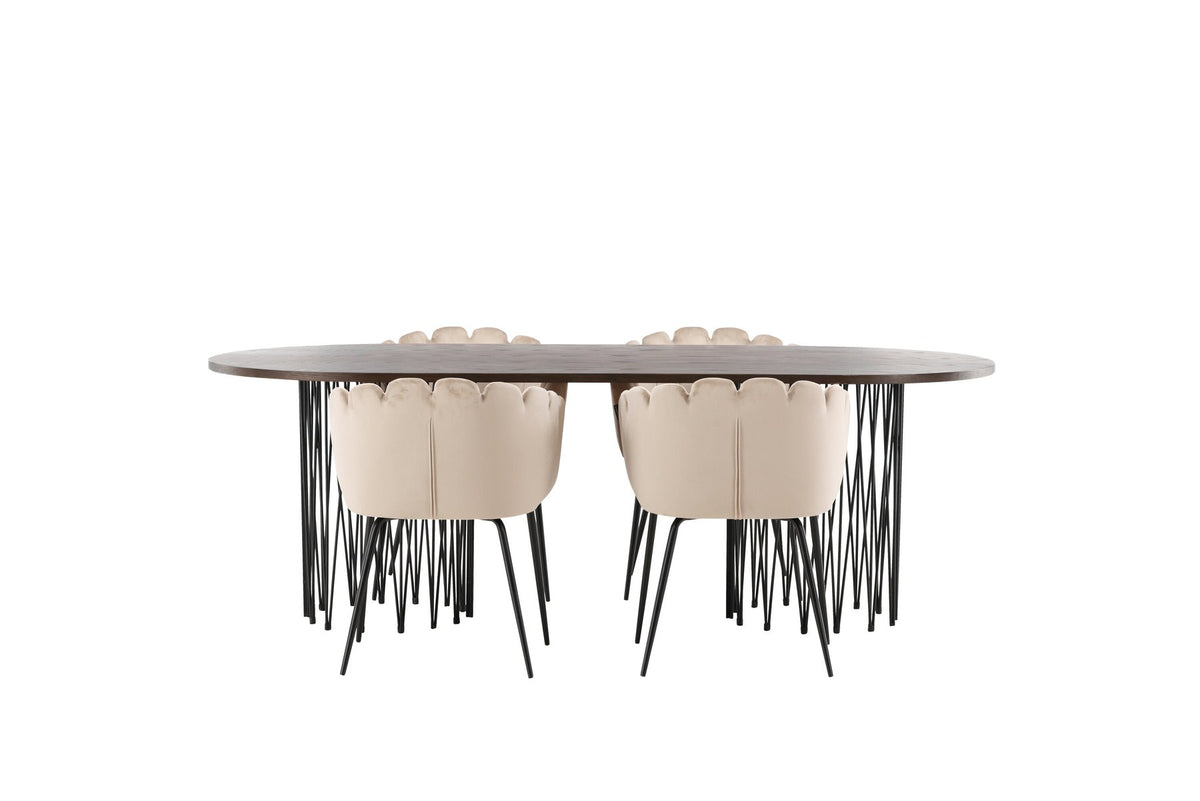Ovaler Esstisch mit Tischplatte aus MDF mit Mocca-Furnier und schwarzem Metallgestell, umgeben von vier Limhamn-Stühlen mit beigem Samtbezug.