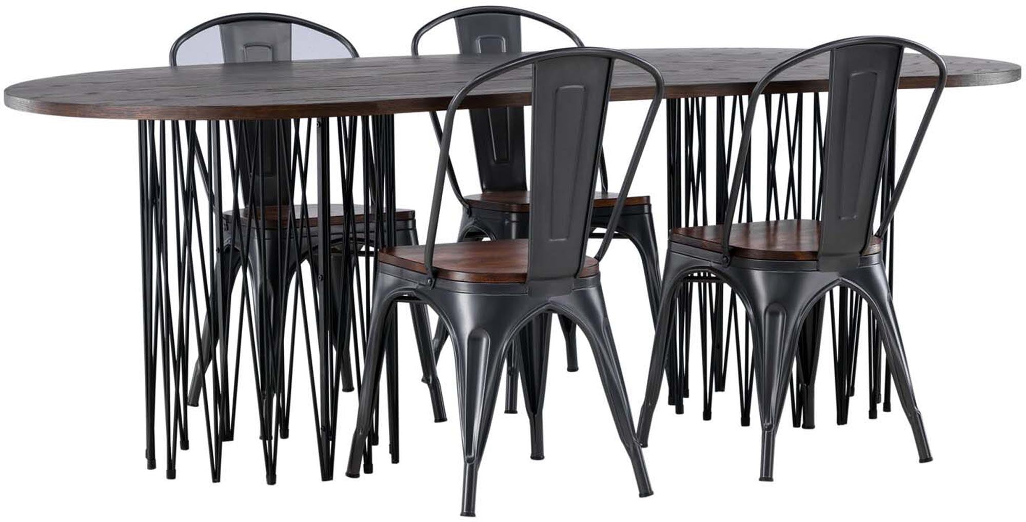 Elegantes Esszimmerset: Ovale Tischplatte (220x100cm) aus MDF-Furnier, stabile Metallgestelle und bequeme Tempe-Stühle. Perfekt für gesellige Abende!