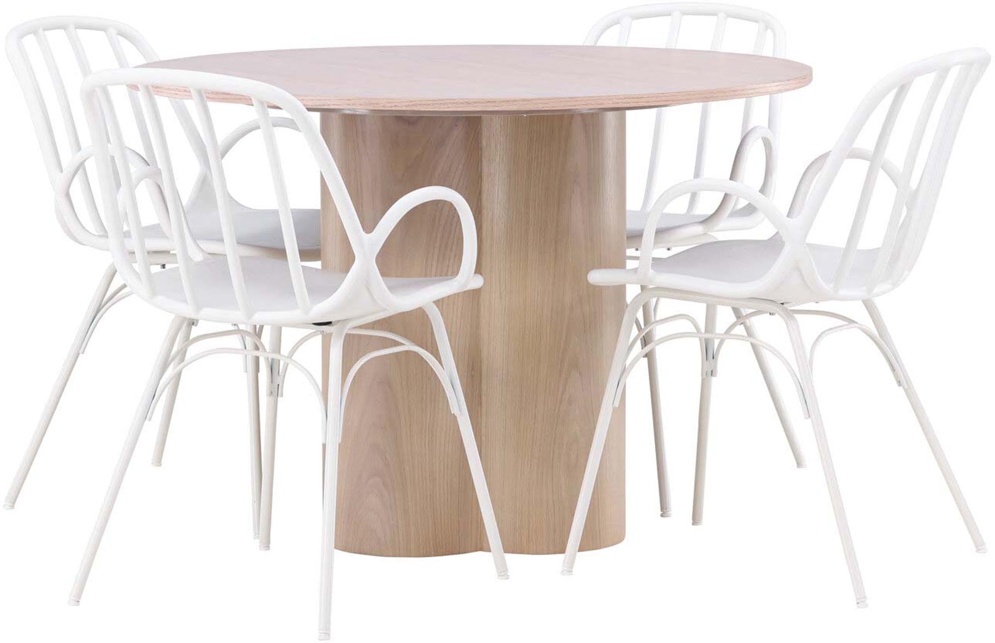 Gestalten Sie Ihr Esszimmer mit dem Olivia Set + Dyrön: Stilvoller Tisch und komfortable Stühle im skandinavischen Design für gesellige Momente.