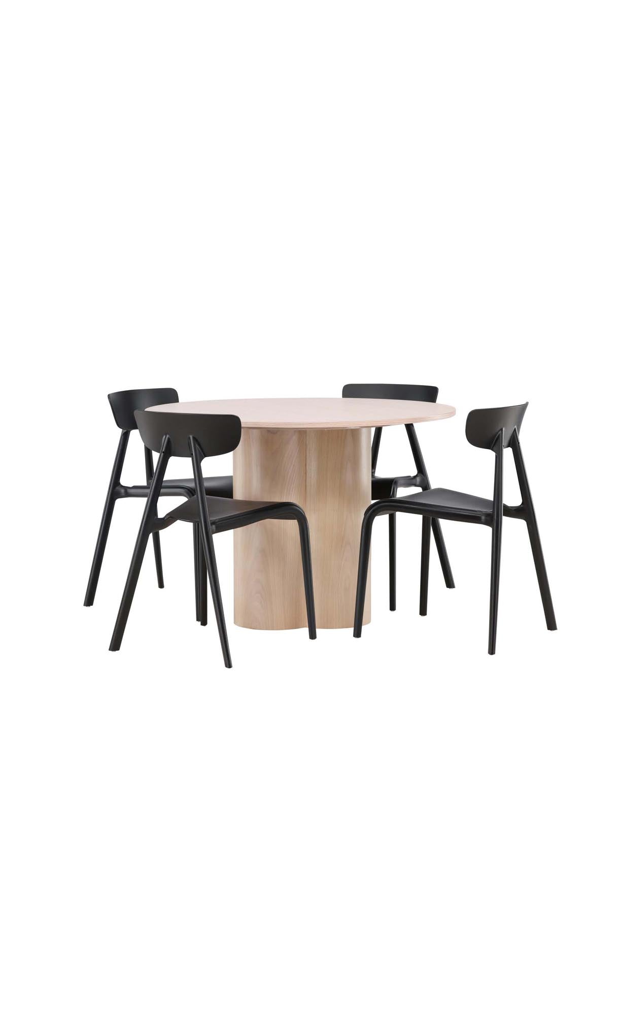 Modernes Olivia Esszimmer Set mit runden 110 cm Tisch und 4 eleganten Ursholmen Stühlen. Ideal für stilvolle Essbereiche.