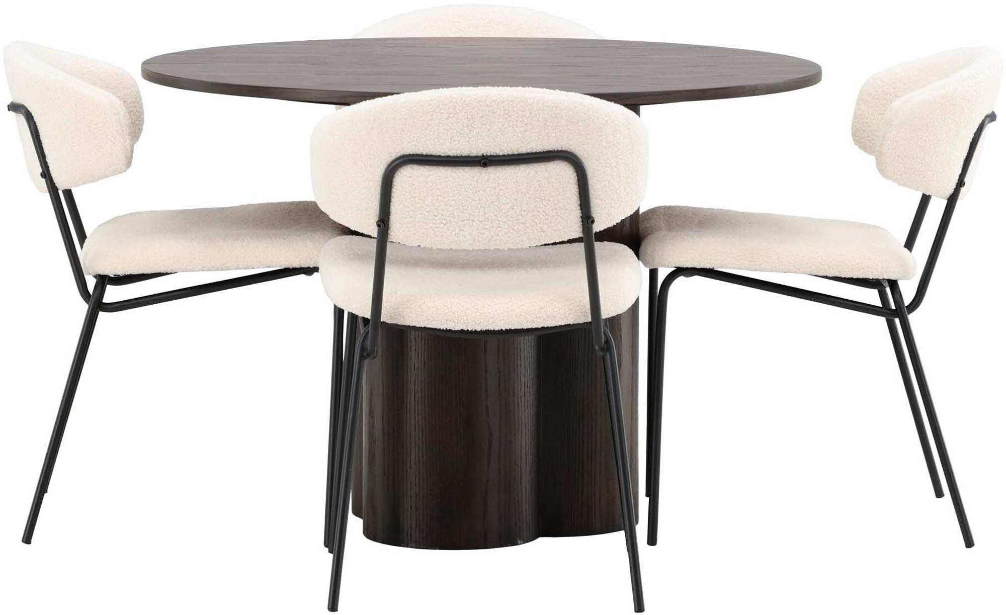 Elegantes Olivia Esszimmer Set: Mokka-Tisch (⌀110cm) & 4 weisse Bouclé-Stühle. Skandinavisches Design trifft Funktionalität.