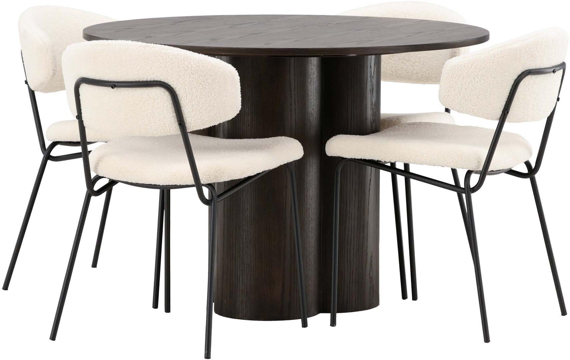 Elegantes Olivia Esszimmer Set: Mokka-Tisch (⌀110cm) & 4 weisse Bouclé-Stühle. Skandinavisches Design trifft Funktionalität.