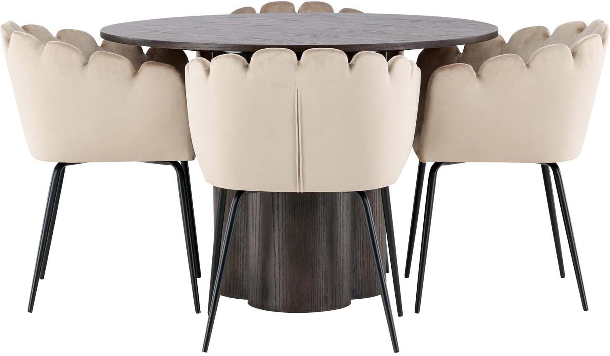 Elegantes Esszimmer Set Olivia mit runden Limhamn Tisch (110 cm) und 4 luxuriösen Samt-Stühlen für stilvolle Essbereiche.
